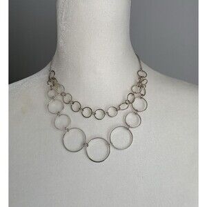 Silver Tone Hoop Circles Link Chain Necklace 15.5" - 18.5" Double Strand Circles